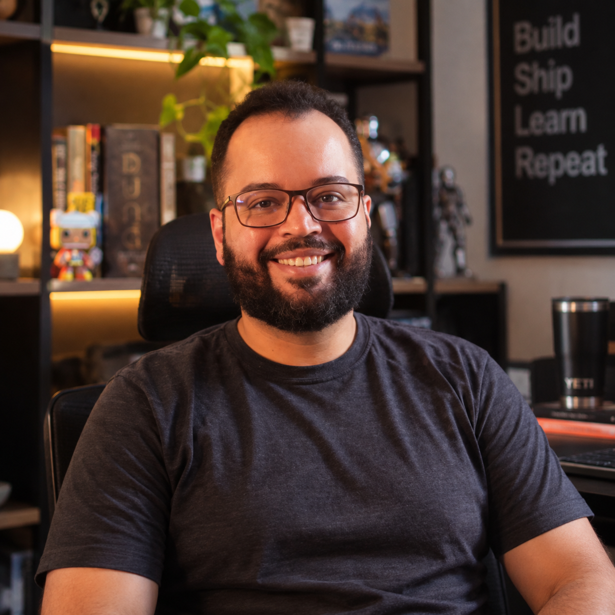 Rubens Alves, o Rubão, sorrindo em seu escritório, com estante de livros ao fundo